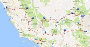 Map of the route of our west USA road trip