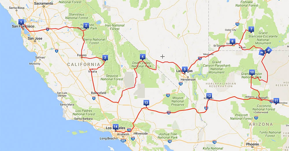 Map of the route of our west USA road trip